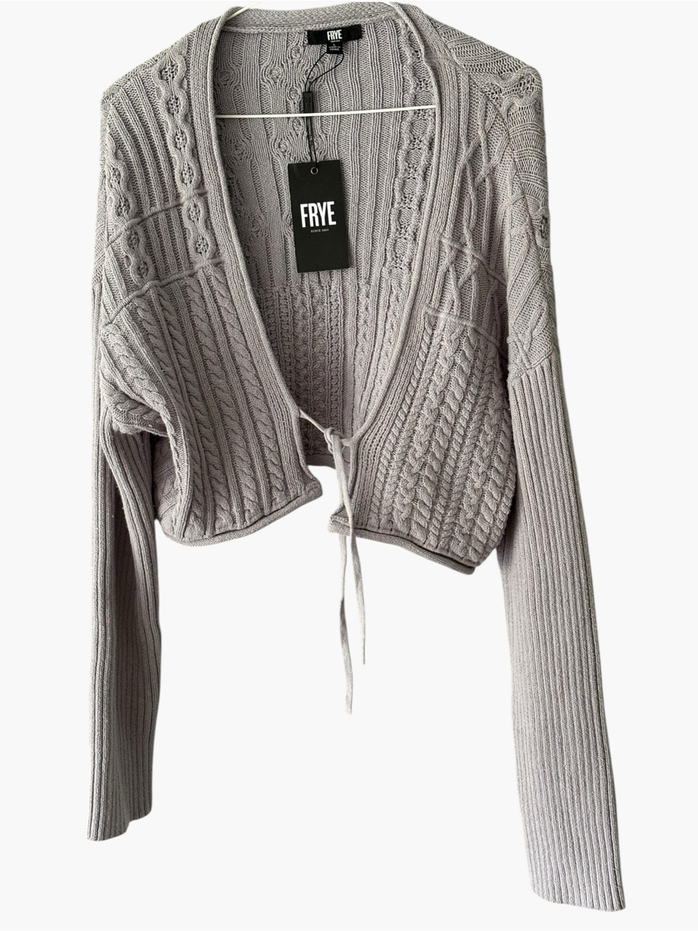Women’s FRYE Cropped Cardigan Gray Open Weave L/S Size Large NWT - Picture 4 of 8